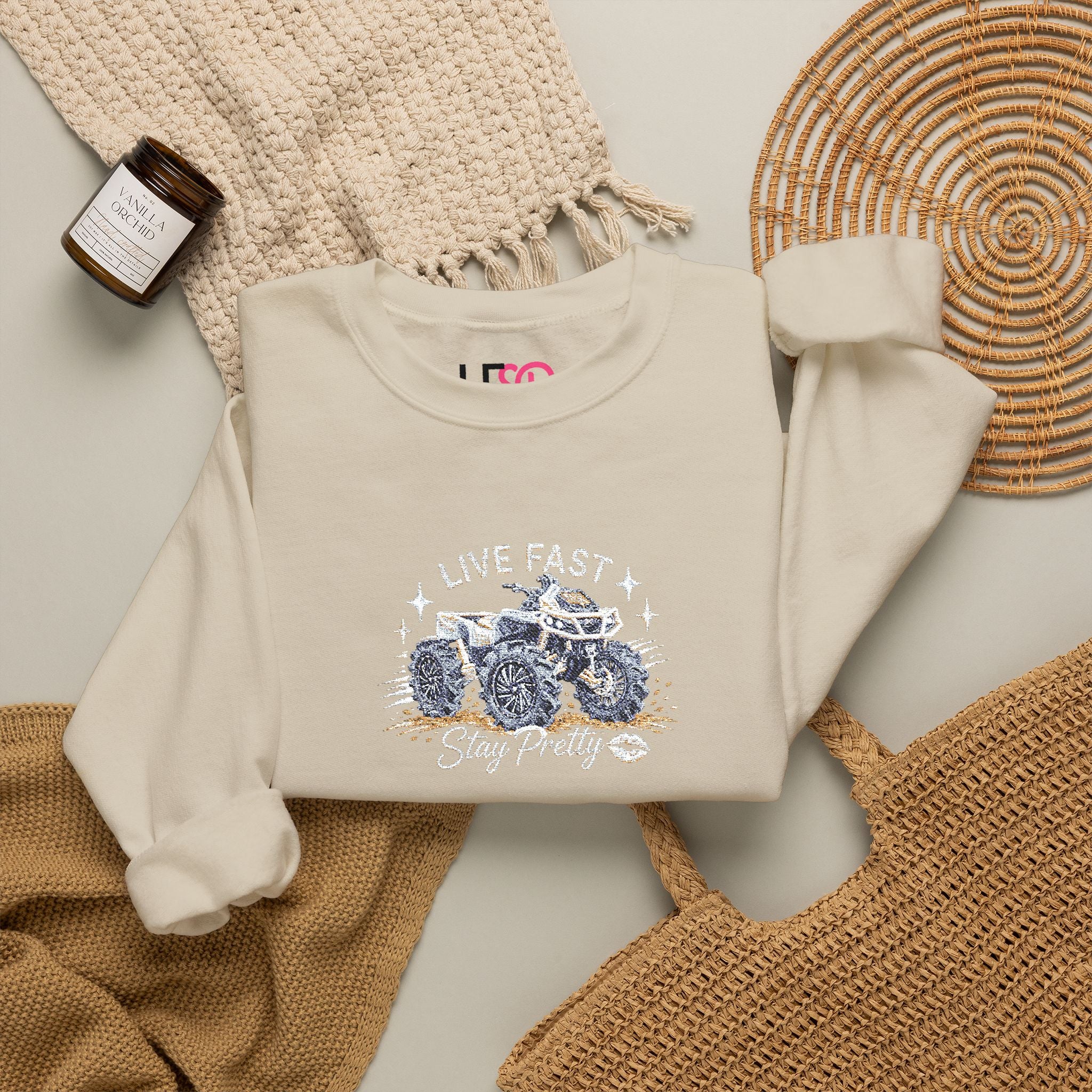 Embroidered Crewneck Sweatshirt — 'Live Fast, Stay Pretty' Mud 4-Wheeler