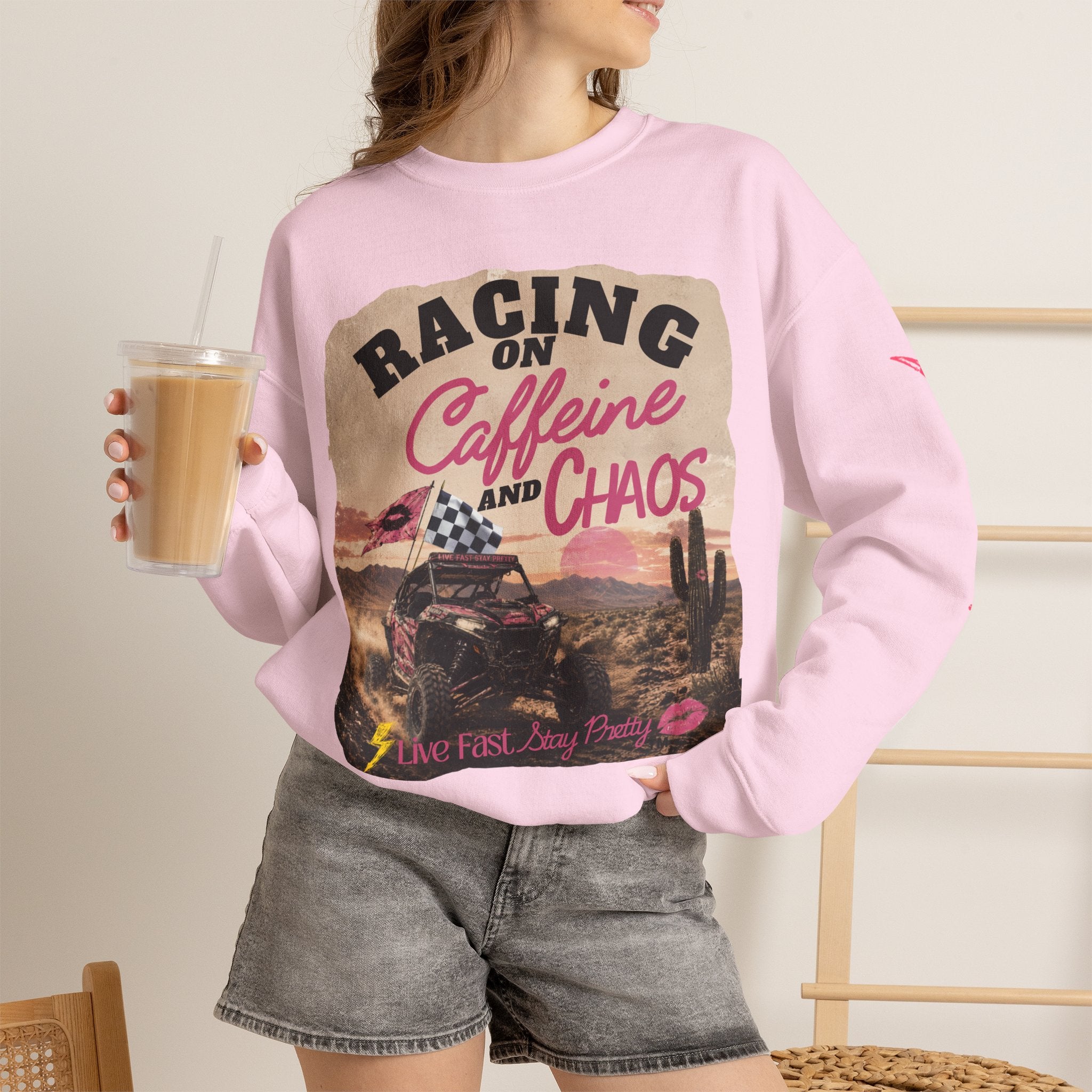 Crewneck Sweatshirt - "Racing on Caffeine and Chaos" Desert Off-Road Graphic