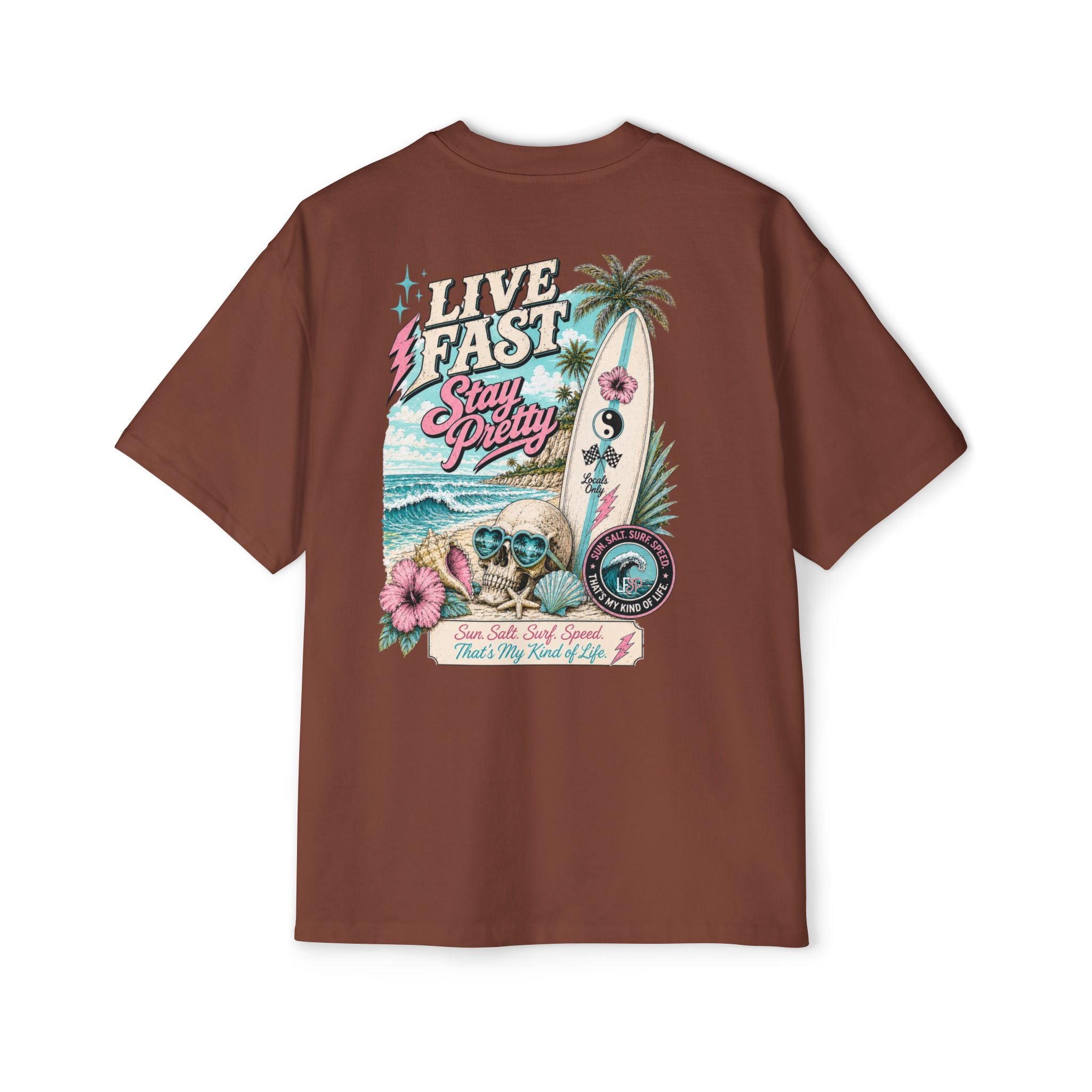 Live Fast Stay Pretty Oversized Heavy Tee — Vintage Surf Skull Graphic Shirt