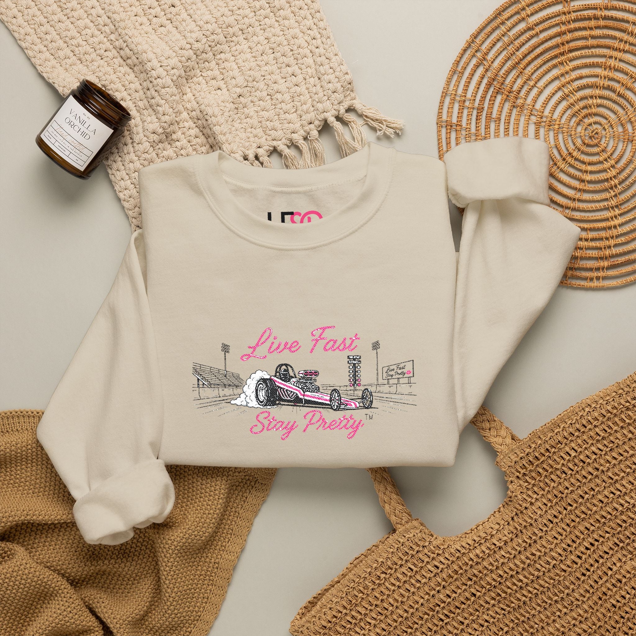 Embroidered Crewneck Sweatshirt — 'Live Fast, Stay Pretty' Vintage Drag Racing