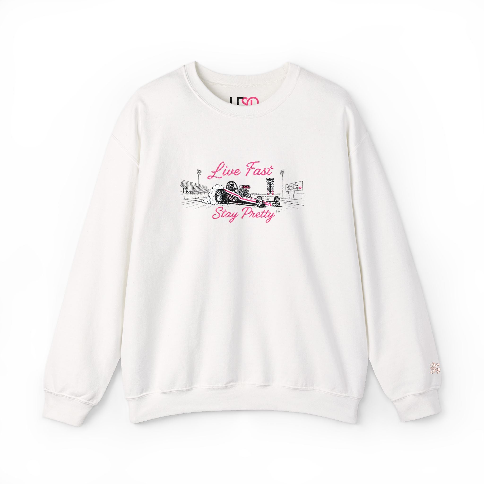 Embroidered Crewneck Sweatshirt — 'Live Fast, Stay Pretty' Vintage Drag Racing