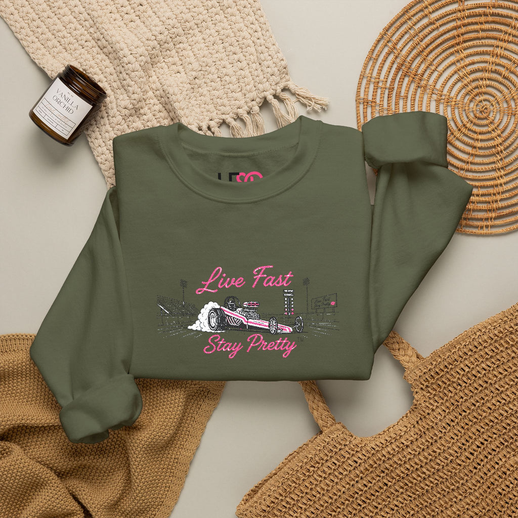Embroidered Crewneck Sweatshirt — 'Live Fast, Stay Pretty' Vintage Drag Racing