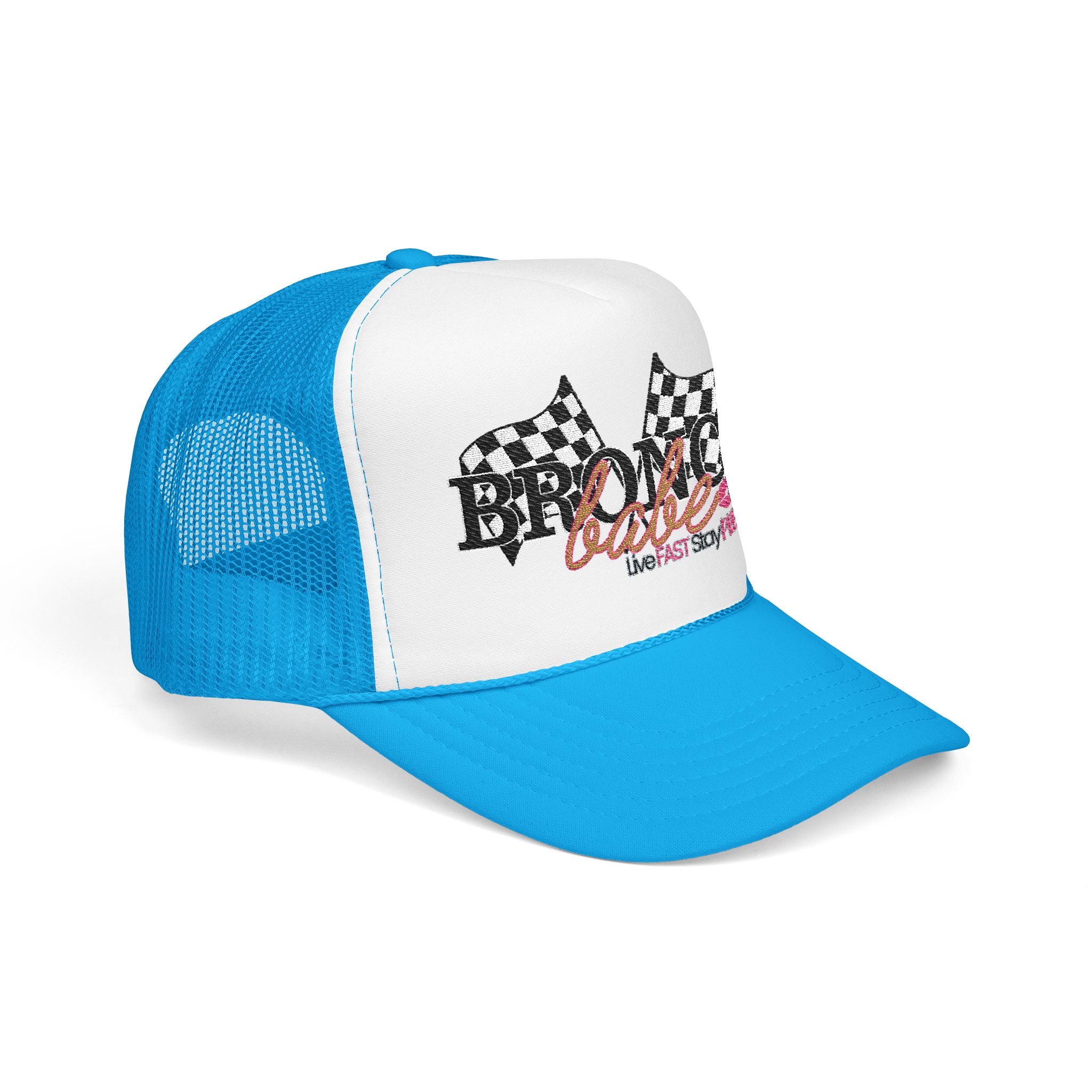 Bronco Babe Trucker Hat — Retro Racing Flag Foam Cap