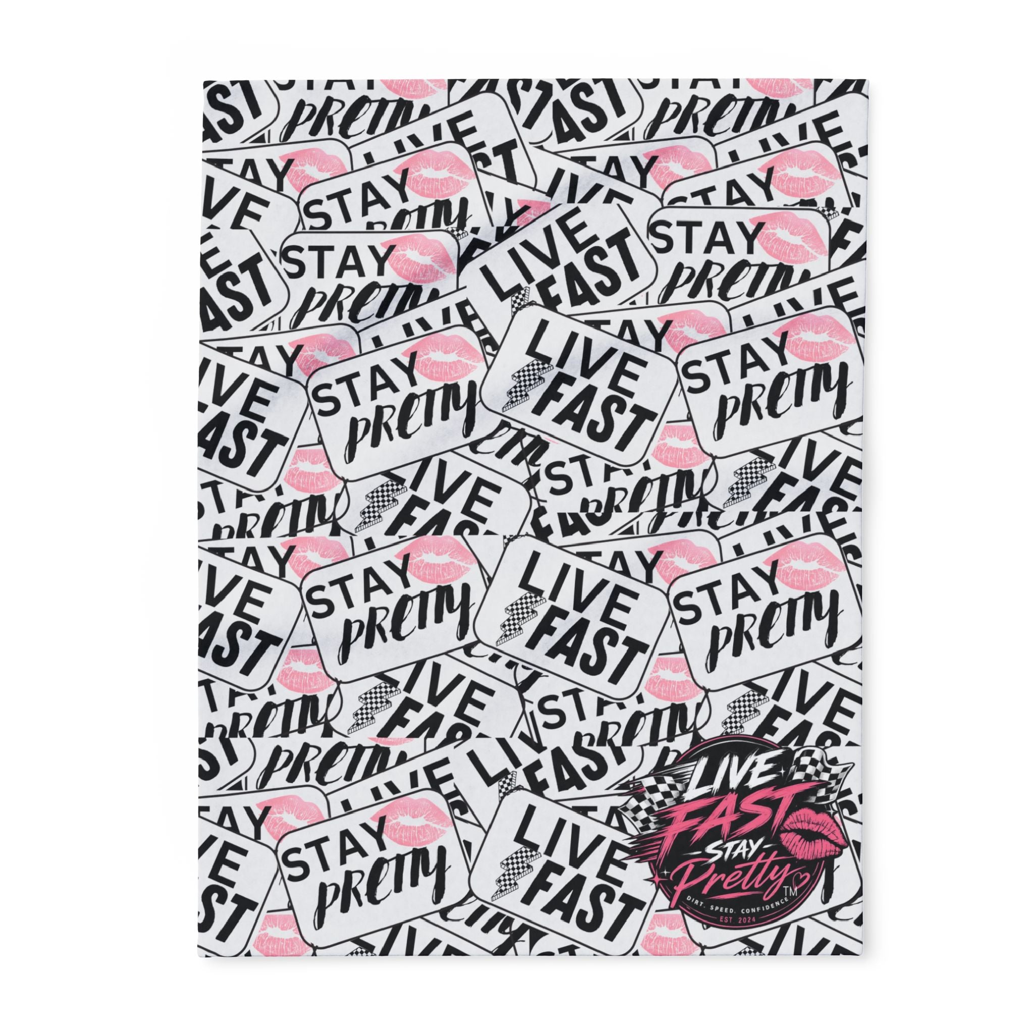 Stay Pretty Live Fast Arctic Fleece Blanket | Pink Lip Badge Pattern