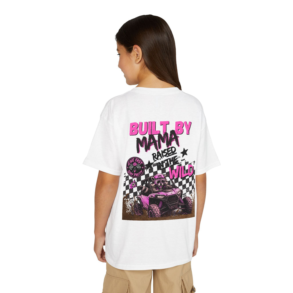 Youth T-Shirt Pink — "Built by Mama Raised Wild"