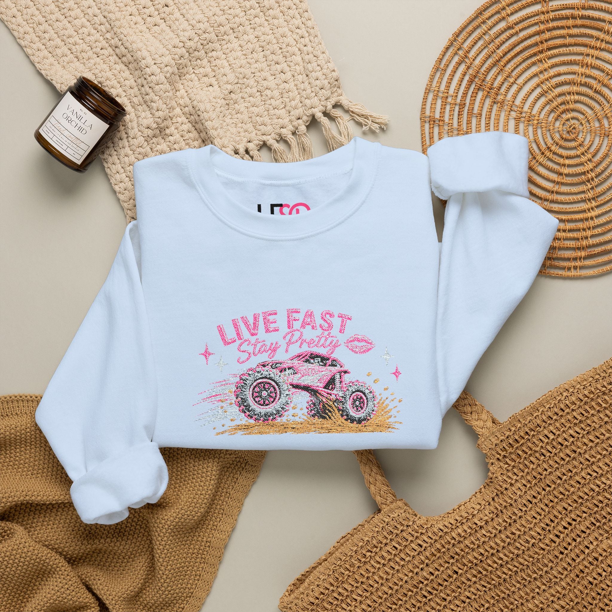 Embroidered Crewneck Sweatshirt — 'Live Fast, Stay Pretty Mud SXS