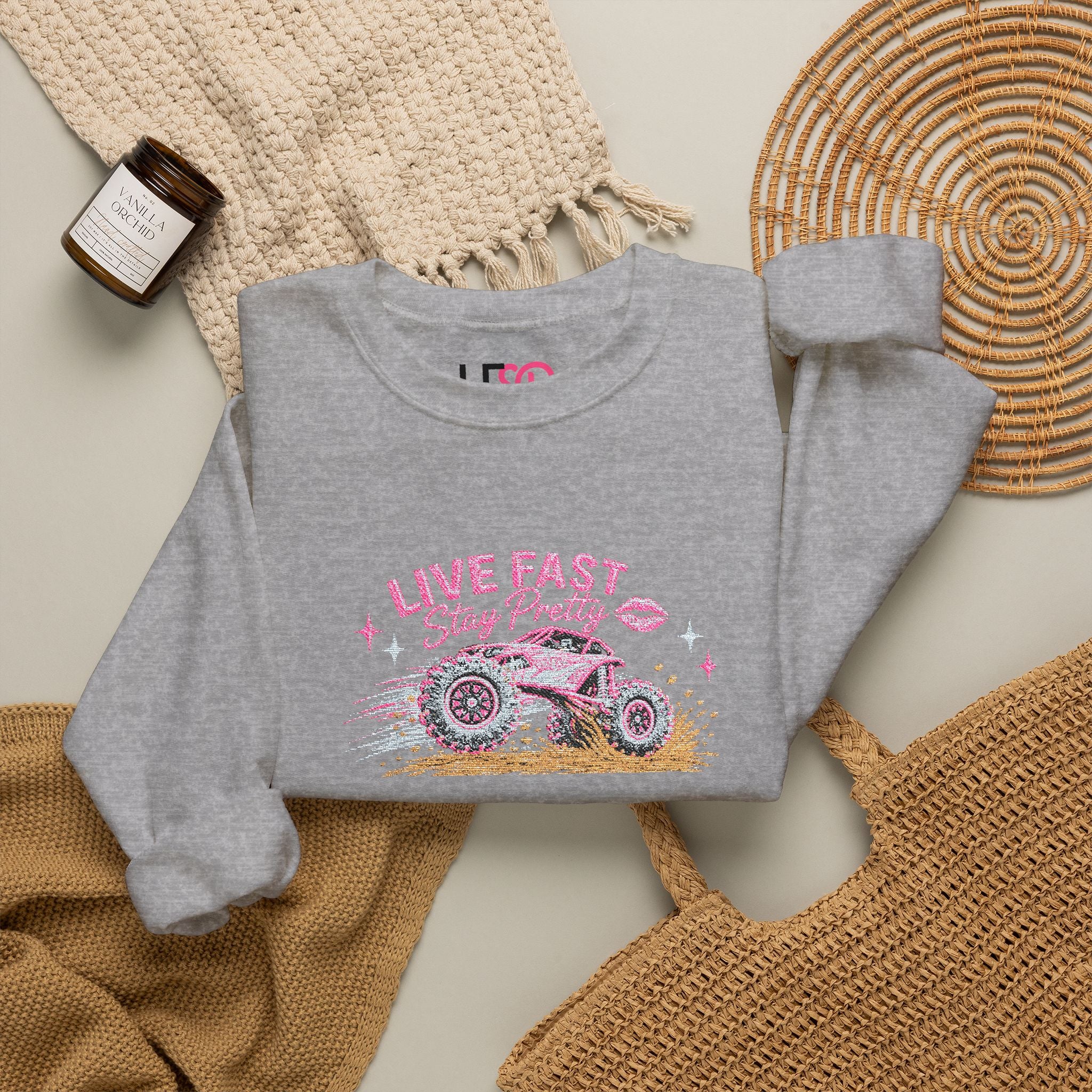 Embroidered Crewneck Sweatshirt — 'Live Fast, Stay Pretty Mud SXS