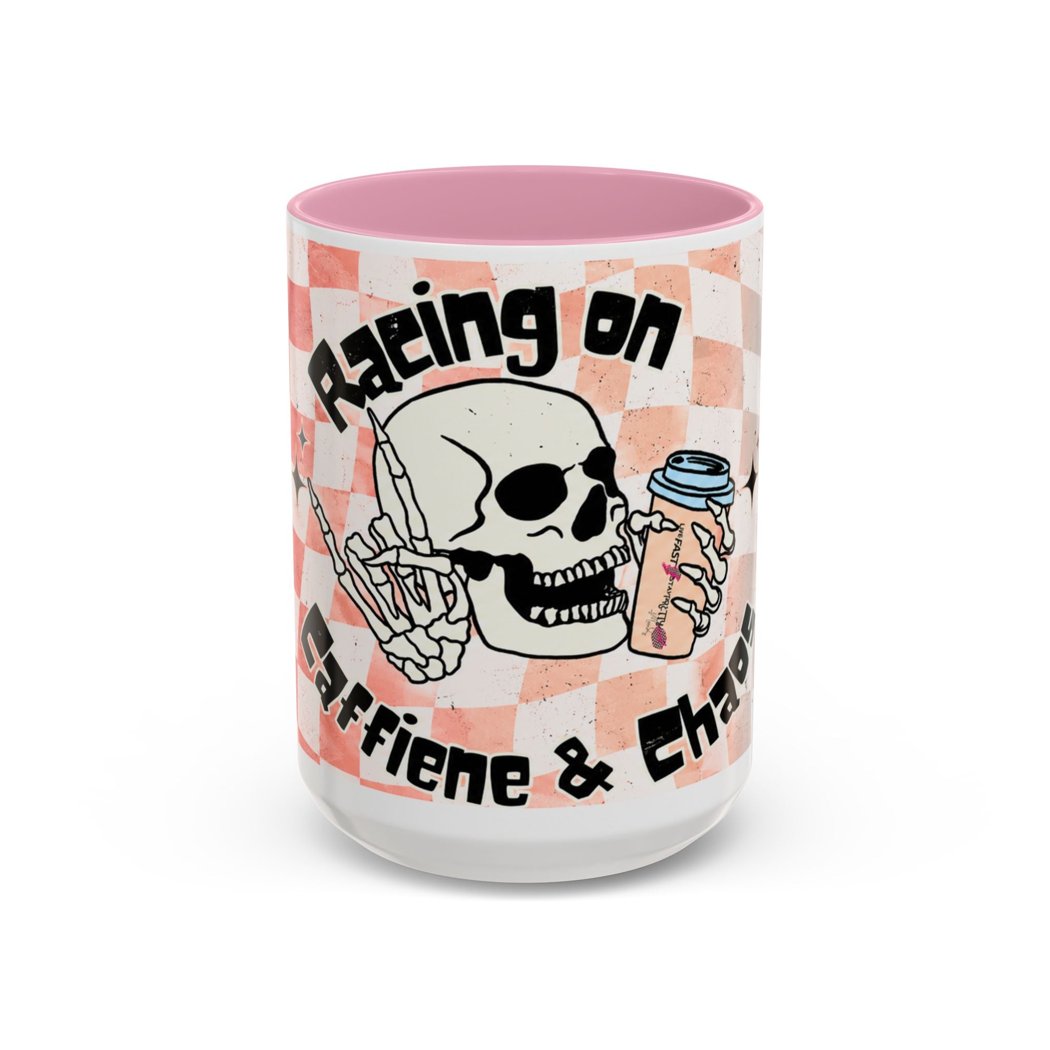 Skull & Coffee Ceramic Mug — 'Racing on Caffeine & Chaos' Checkerboard 15oz